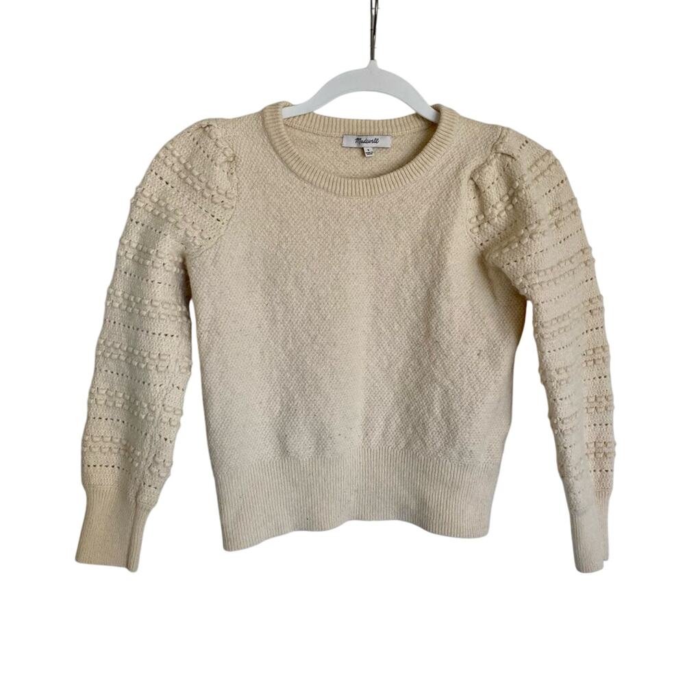 Madewell Preppy Knit Wool Blend Bobble Cropped Pointelle Sleeve Pullover Sweater